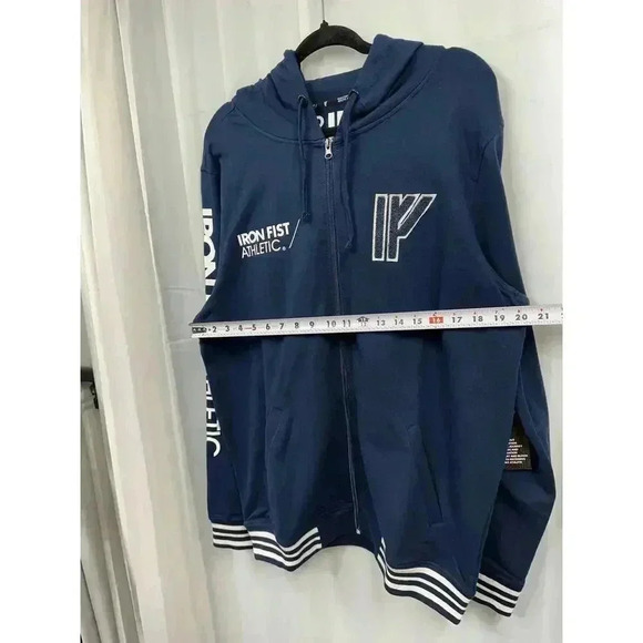 NWT Iron Fist Athletics Large Navy Blue Full Zip Mens Hoodie Striped Gym Workout - Picture 6 of 7